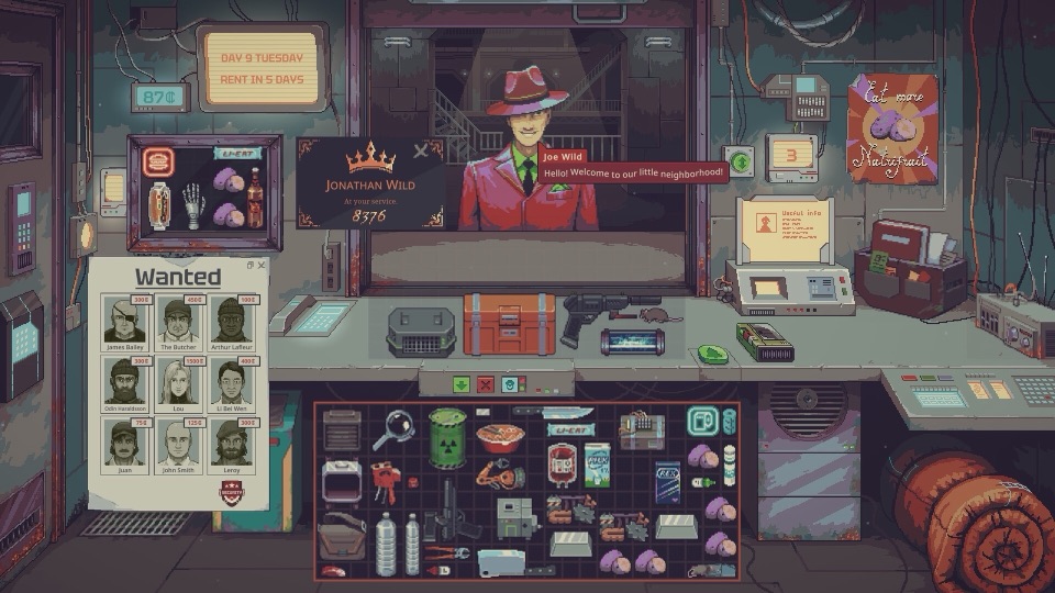 Joe Wild presenting his Jonathan Wild service card at the pawnshop counter beneath the RENT IN 5 DAYS flip-board