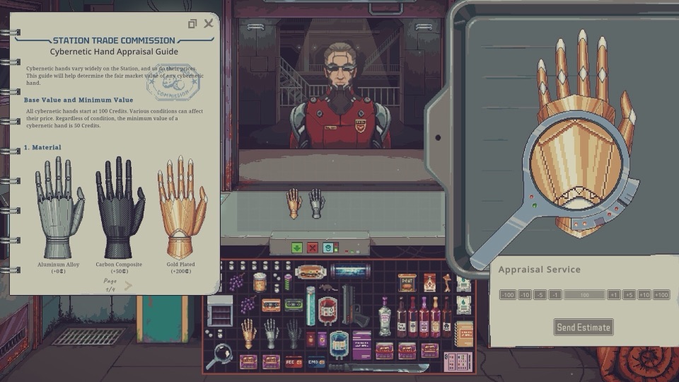 Station Trade Commission appraisal handbook and magnifying glass estimating a gold-plated cybernetic hand