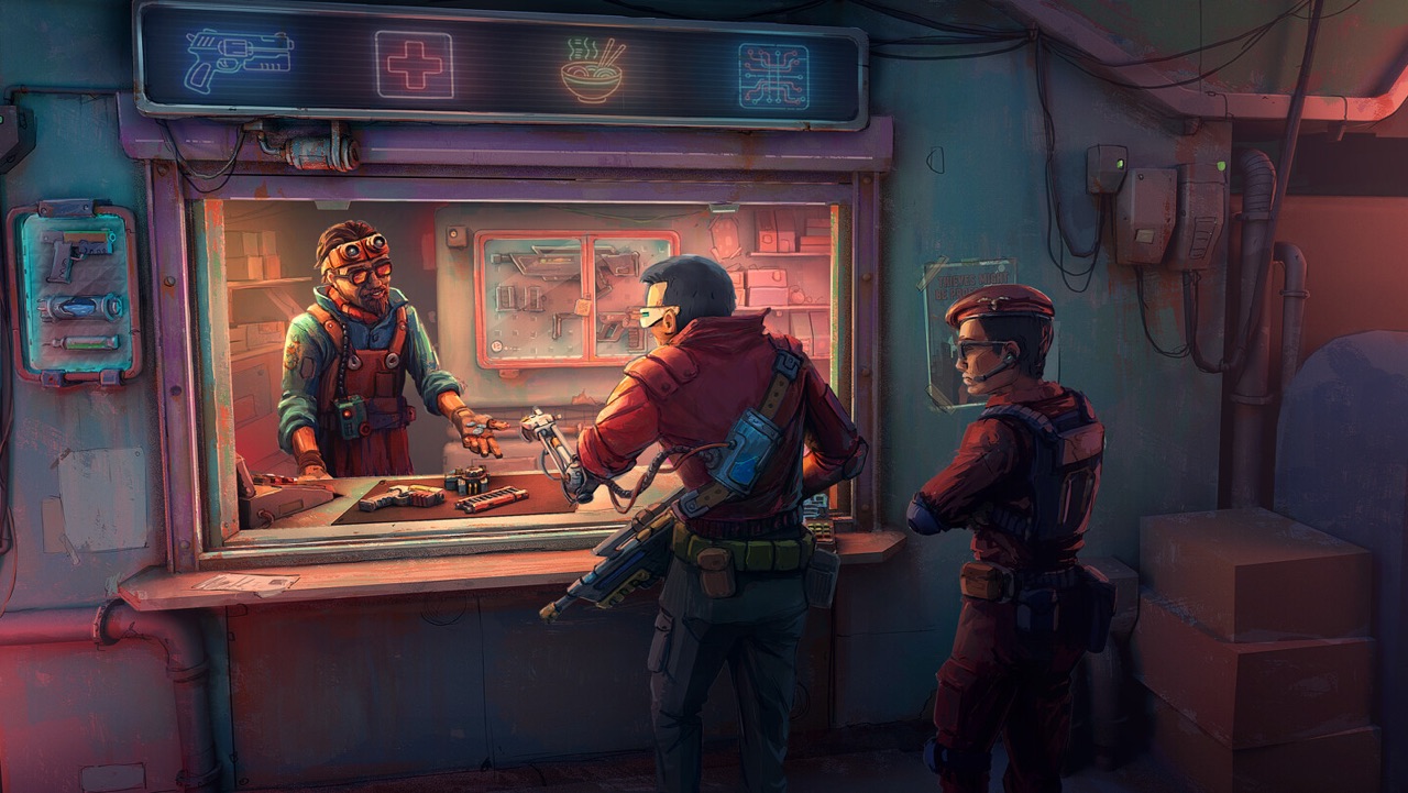 Probably Stolen station pawnshop counter key art with cybernetic customer and Security patrol